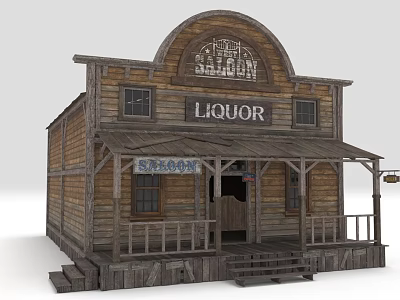 Vintage Western Saloon Building With Wooden Porch And Liquor Sign 3d model