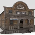 Vintage Western Saloon Building With Wooden Porch And Liquor Sign
