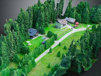 Lush Green Forest Scene With Small Wooden Cabins And Curved Path Surrounded By Trees 3d model