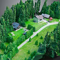 Lush Green Forest Scene With Small Wooden Cabins And Curved Path Surrounded By Trees