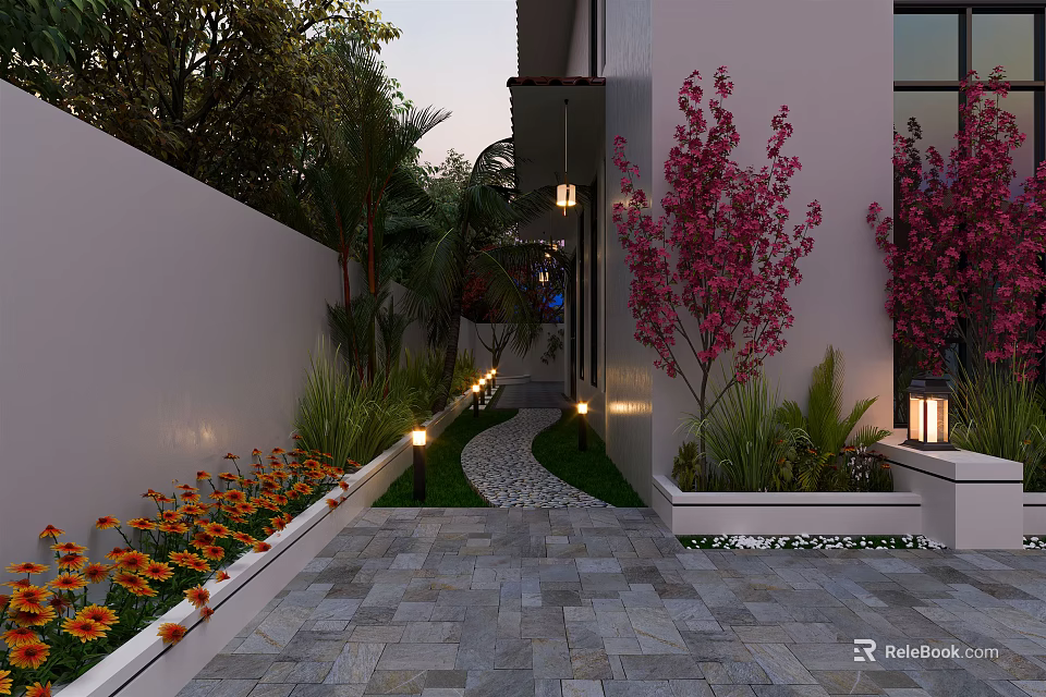 Courtyard Garden Design With Stone Paved Pathway Red Flowering Trees Green Plants And Illuminated Lighting 3d model 