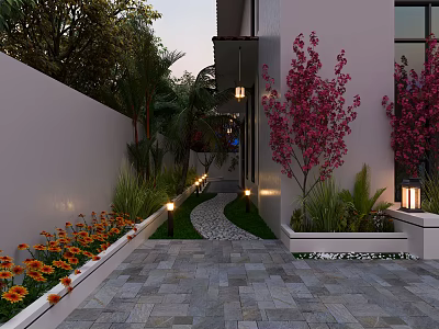 Courtyard Garden Design With Stone Paved Pathway Red Flowering Trees Green Plants And Illuminated Lighting 3d model