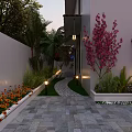 Courtyard Garden Design With Stone Paved Pathway Red Flowering Trees Green Plants And Illuminated Lighting