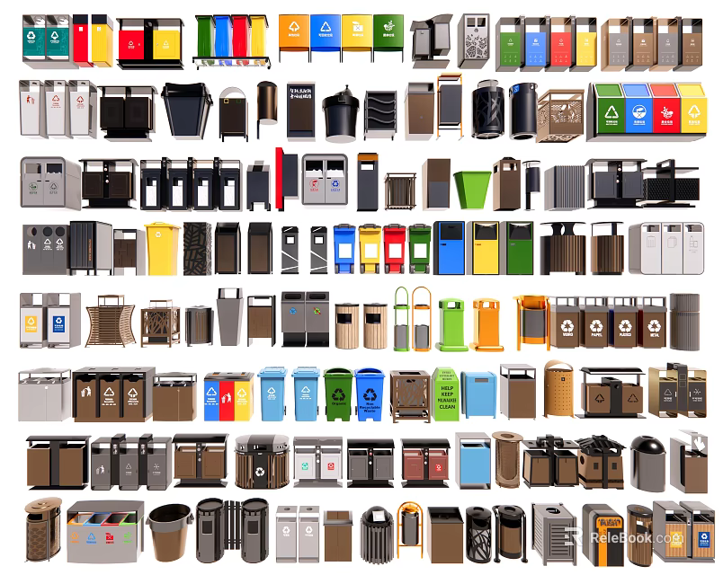 Public Facilities With Various Colored Waste Bins And Different Recycling Containers 3d model 