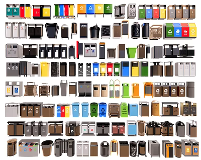 Public Facilities With Various Colored Waste Bins And Different Recycling Containers 3d model