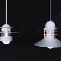 Two Modern Pendant Lights With White Shade And Metal Structure In Dark Interior