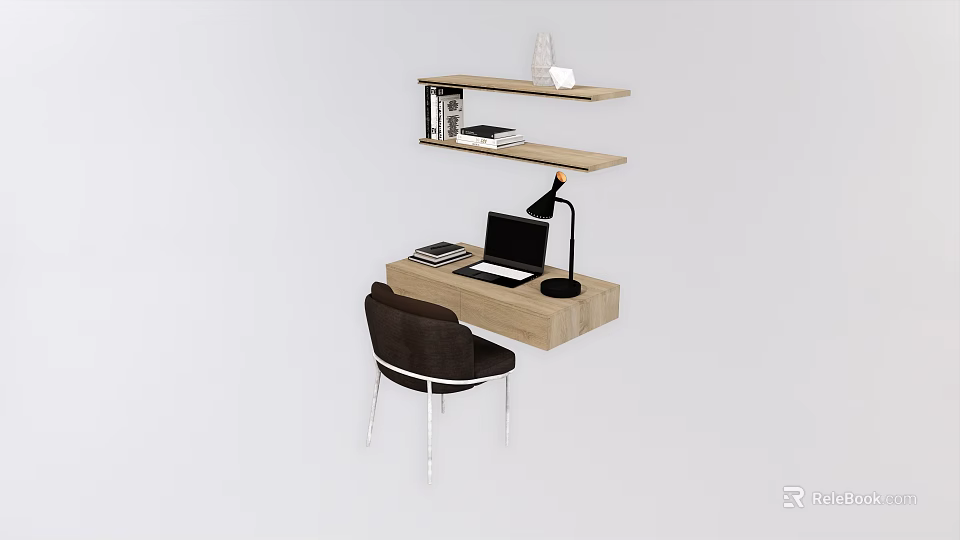 Modern Home Office Desk With Shelf Laptop Table Lamp Chair And Books 3d model 