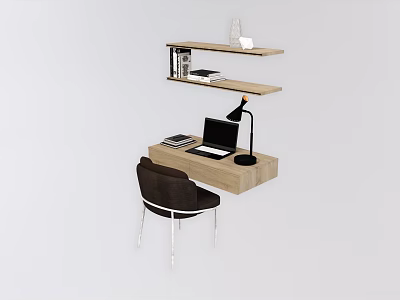 Modern Home Office Desk With Shelf Laptop Table Lamp Chair And Books 3d model