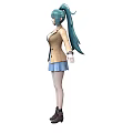 Woman with teal hair wearing beige coat white top blue skirt black boots arms outstretched