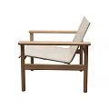 Modern Outdoor Chair With Wooden Frame Armrests And Light Colored Seat