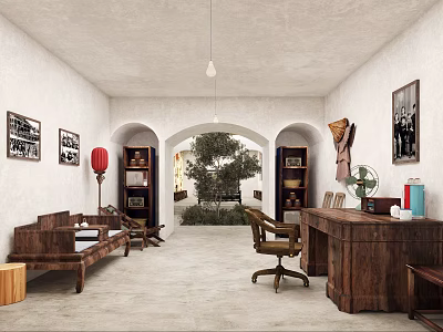 Indoor Vintage Living Space With Wooden Furniture Archway Red Lantern Green Plant And Wall Art 3d model