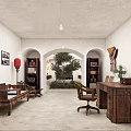 Indoor Vintage Living Space With Wooden Furniture Archway Red Lantern Green Plant And Wall Art