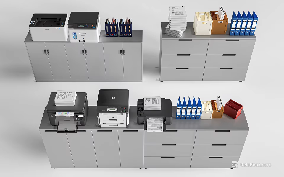 Office Workspace Featuring Printers Filing Cabinets Binders And Document Supplies 3d model