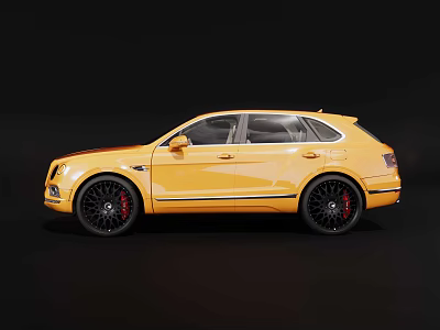 Yellow Bentley SUV with Black Wheels and Red Calipers Stylish Exterior Design on Black Background 3d model
