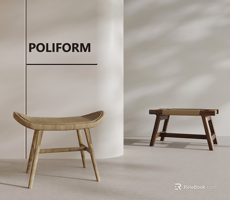 Modern Minimalist Stools With Wooden Frames And Woven Seats In Poliform Interior 3d model 