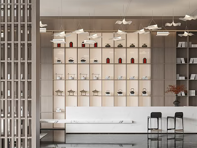 Modern Hotel Lobby With Wooden Grille Tea Set Display Shelves And White Reception Counter 3d model