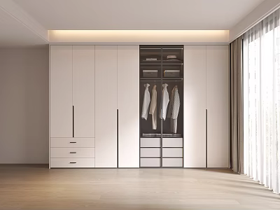 Modern Built In Wardrobe Design With White Glass Door Drawers And Hanging Clothes 3d model