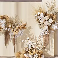 Floral Display Featuring Beige Background Hanging Dried Flowers White Blooms And Curved Arch Design