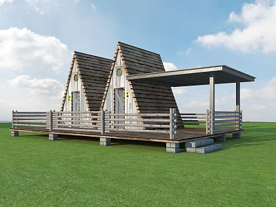 Charming Wooden House with Gabled Roofs and Covered Deck in Green Grassy Field 3d model