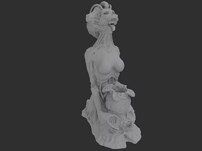 Intricate Mythical Female Sculpture Carving With Serpent Hair And Creature Base 3d model