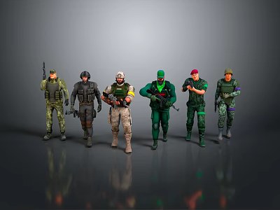 Game Movie Characters With Tactical Military Outfits Standing In Various Poses Holding Weapons 3d model