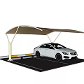 Modern Beige Cantilever Carport Covering White Car In Outdoor Parking Space