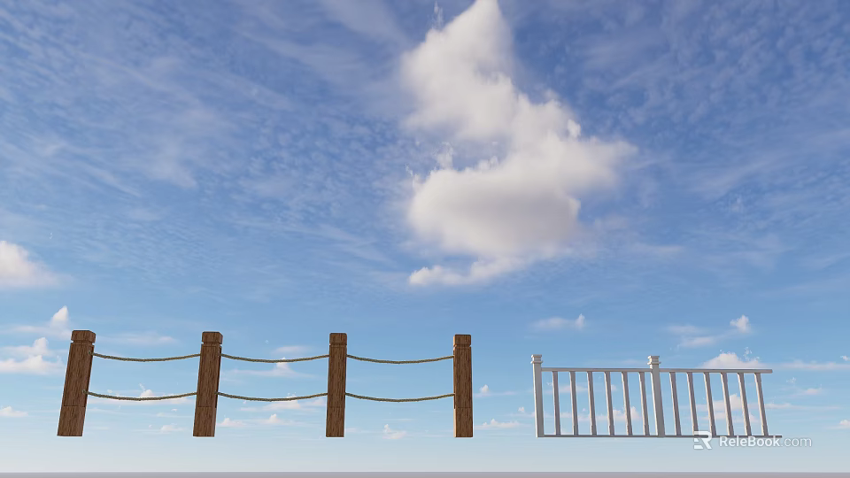 Wooden Posts And Stone Railing Structure Under Blue Sky With Clouds 3d model
