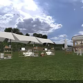 Garden Landscape With Green Lawn Ice Cream Truck White Tents And Outdoor Seating