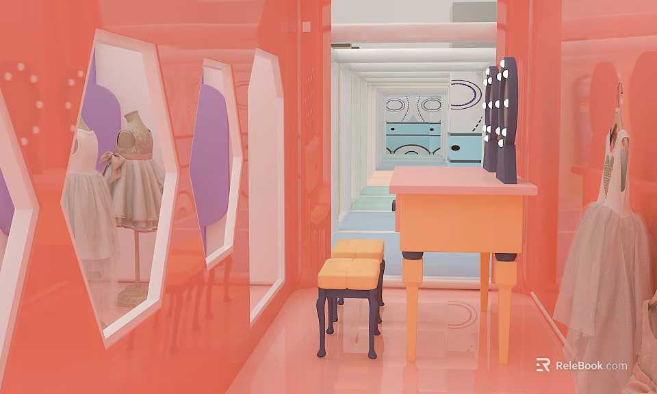 Cartoon Scene Of Pink Room With Dress Mannequins Mirrors Table And Stools 3d model 