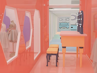 Cartoon Scene Of Pink Room With Dress Mannequins Mirrors Table And Stools 3d model