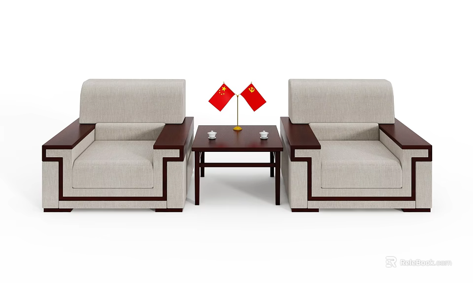 Sofa Set with Two Light Gray Fabric Sofas Wooden Armrests and Coffee Table 3d model