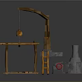 Rustic Decorative Ornament Set With Wooden Platform Ladder And Stone Structure