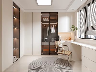 Modern Walk-in Closet Interior With Glass Door Wardrobes Open Shelves Dressing Table Chair And Rug 3d model