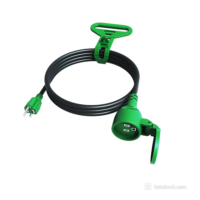 Green Extension Cord With Black Cable Plug Socket And Clip Design 3d model 