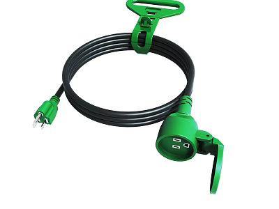 Green Extension Cord With Black Cable Plug Socket And Clip Design 3d model