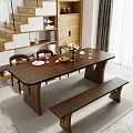 Modern Wooden Dining Table Set with Chairs Bench Fruit Vase and Cutlery