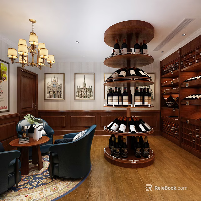 Elegant Wine Cellar Interior Featuring Circular Wine Rack Wooden Decor Chandelier and Comfortable Seating 3d model 
