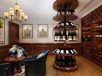 Elegant Wine Cellar Interior Featuring Circular Wine Rack Wooden Decor Chandelier and Comfortable Seating 3d model