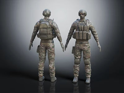 Military Soldiers in Camouflage Uniforms With Helmets Backpacks and Tactical Vests Front Back Views 3d model