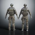 Military Soldiers in Camouflage Uniforms With Helmets Backpacks and Tactical Vests Front Back Views