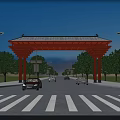 Red Traditional Entrance Gate Illuminated at Night With Trees Street Lamps and Passing Cars