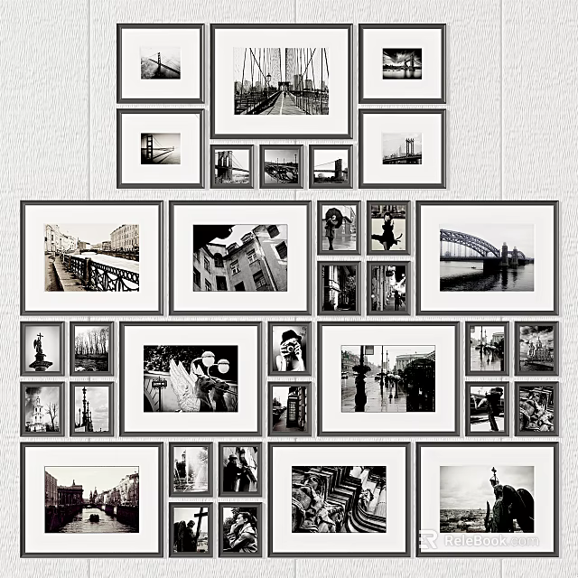 Modern Photo Wall With Multiple Frames Black And White Photos And Various Sizes Arrangement 3d model 