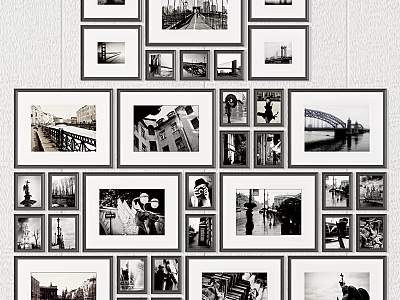 Modern Photo Wall With Multiple Frames Black And White Photos And Various Sizes Arrangement 3d model