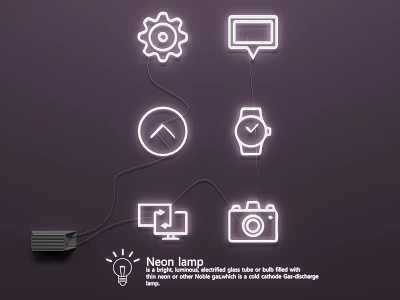 Creative Neon Light Fixture Combination With Gear Speech Bubble Camera And Watch Icons 3d model