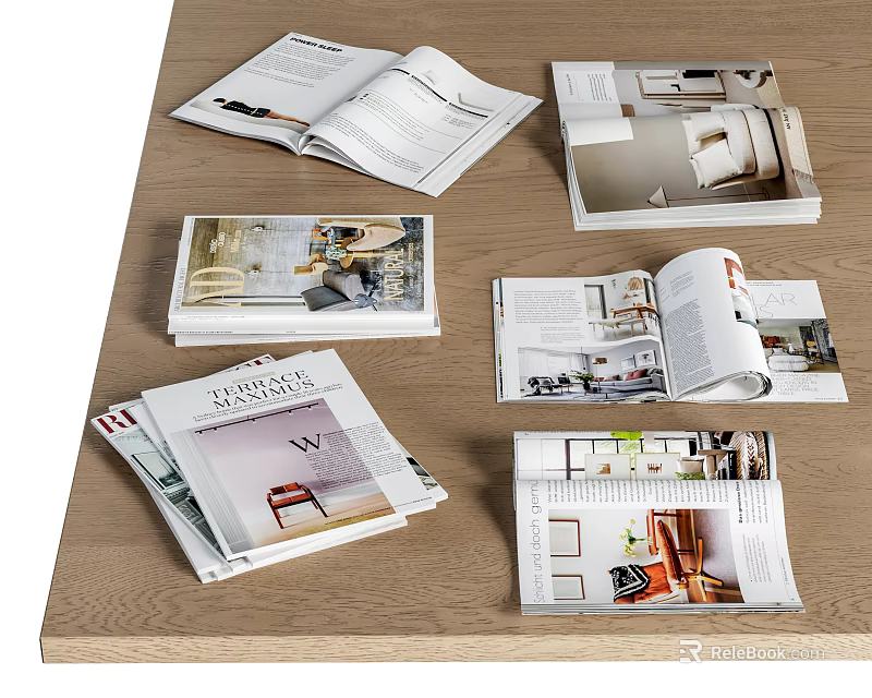 Open Books Magazines Showcasing Interior Design Furniture Room Layouts And 3d model 