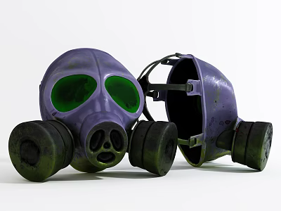 Firefighting Equipment Purple Gas Mask With Green Lenses And Protective Gear 3d model