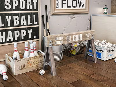 Sports Equipment Display With Volleyball Bowling Pins Baseballs Bats And Wooden Bench On Wooden Floor 3d model