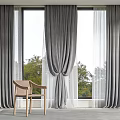 Gray Curtains With Sheer Panels For Window In Living Room With Wooden Chair And Trees