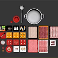 Colorful Assorted Food Ingredients Arranged in Trays with Metal Cooking Pot