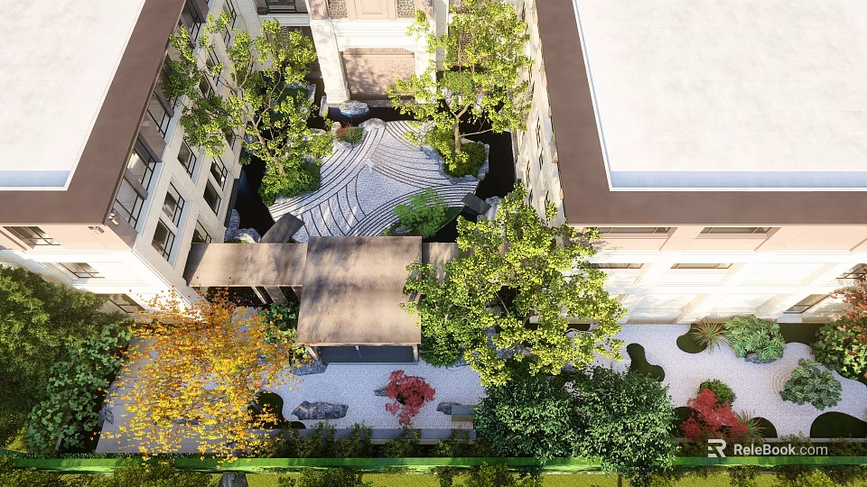 Serene Courtyard Garden With Rockery Stones And Lush Green Plant Landscape 3d model 